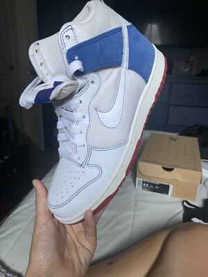white and blue dunks high