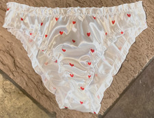 Red Hearts on White Lrg Silky Second Skin SATIN Ruffle Hi Leg Bikini Panty SR67