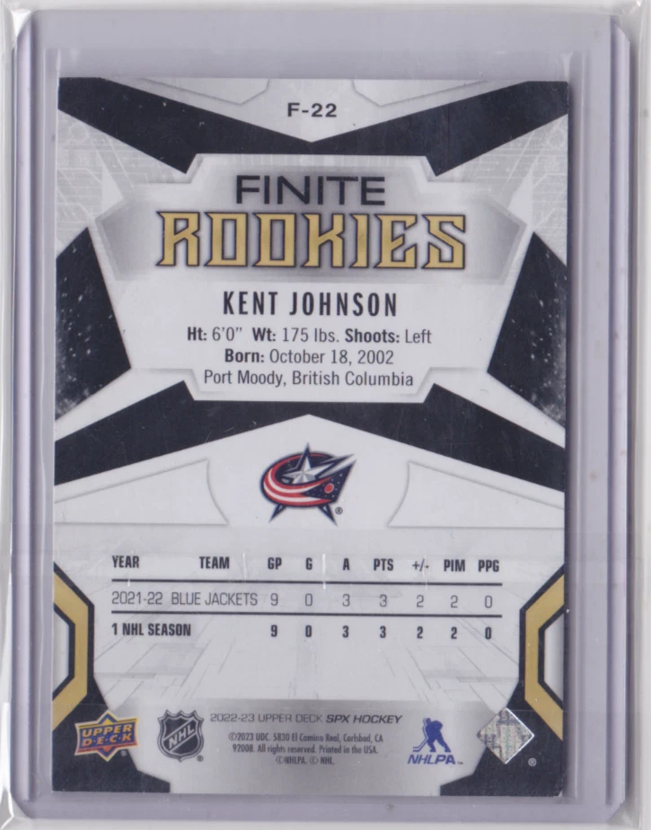 2022-23 UD SPX FINITE ROOKIES GOLD PARALLEL /299 KENT JOHNSON #F-22 BLUE JACKETS - Image 2 of 2