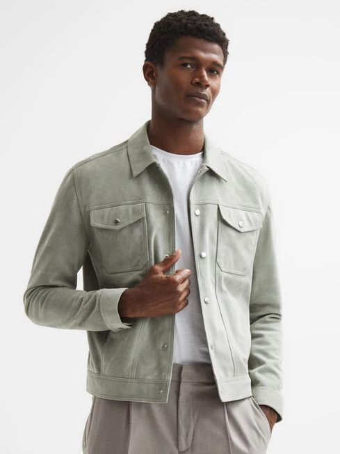 Mens Gray Leather Trucker Jacket Pure Suede Custom Made Size S M L