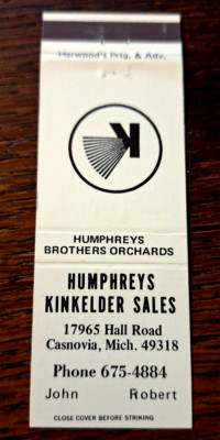 Vintage Matchbook: Humphreys Bros Orchard, Kinkelder Sales, Casnovia, MI