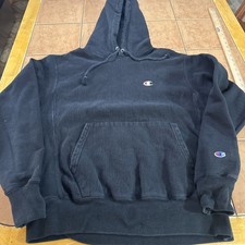 VTG Mens Champion Reverse Weave Hoodie Pullover Black 90s Size Medium Sweatshirt