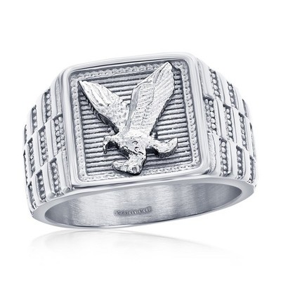 Stainless Steel, Square Textured, Eagle Design Ring