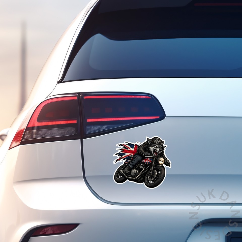 Angry Wolf Biker Animal British UK Flag Motorbike Vinyl Sticker Decal ...