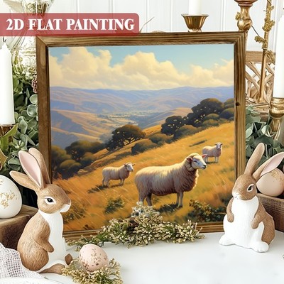 Vintage Easter Themed Wooden Plaque Pastoral Sheep Landscape Decoration Gift
