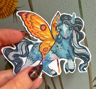 Fantasy horse butterfly moth fairy blue vinyl sticker 3  original art by ASV
