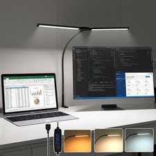 LED Double Head Desk Lamp Clamp Foldable 3 Colour 10 Brightness USB Office Light