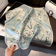 100 Silk 21" Square Scarf Women Neckerchief Wrap Kerchief Bandana Blue Flowers