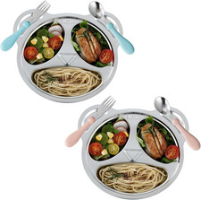 Set of 2 Stainless Steel Divided Plates and Utensils for Kids,3 Compartment Todd