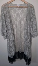 Lularoe Kimono Lace Fringe Coverup Gray Boho Beachy Vacay L