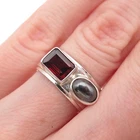 Michou 925 Sterling Vintage Real Red Garnet & Hematite Modernist Ring Size 5.25