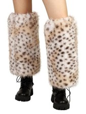 Women Faux Fur Leg Warmers Fluffy Leopard Print Long Boot Khaki Leopard Printed
