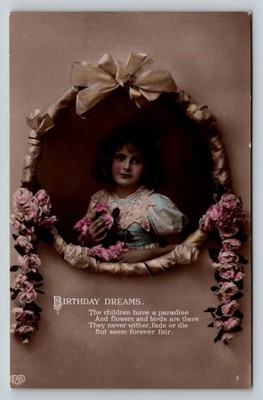BIRTHDAY DREAMS Antique Postcard Edwardian Girl Flowers FAS London Berlin