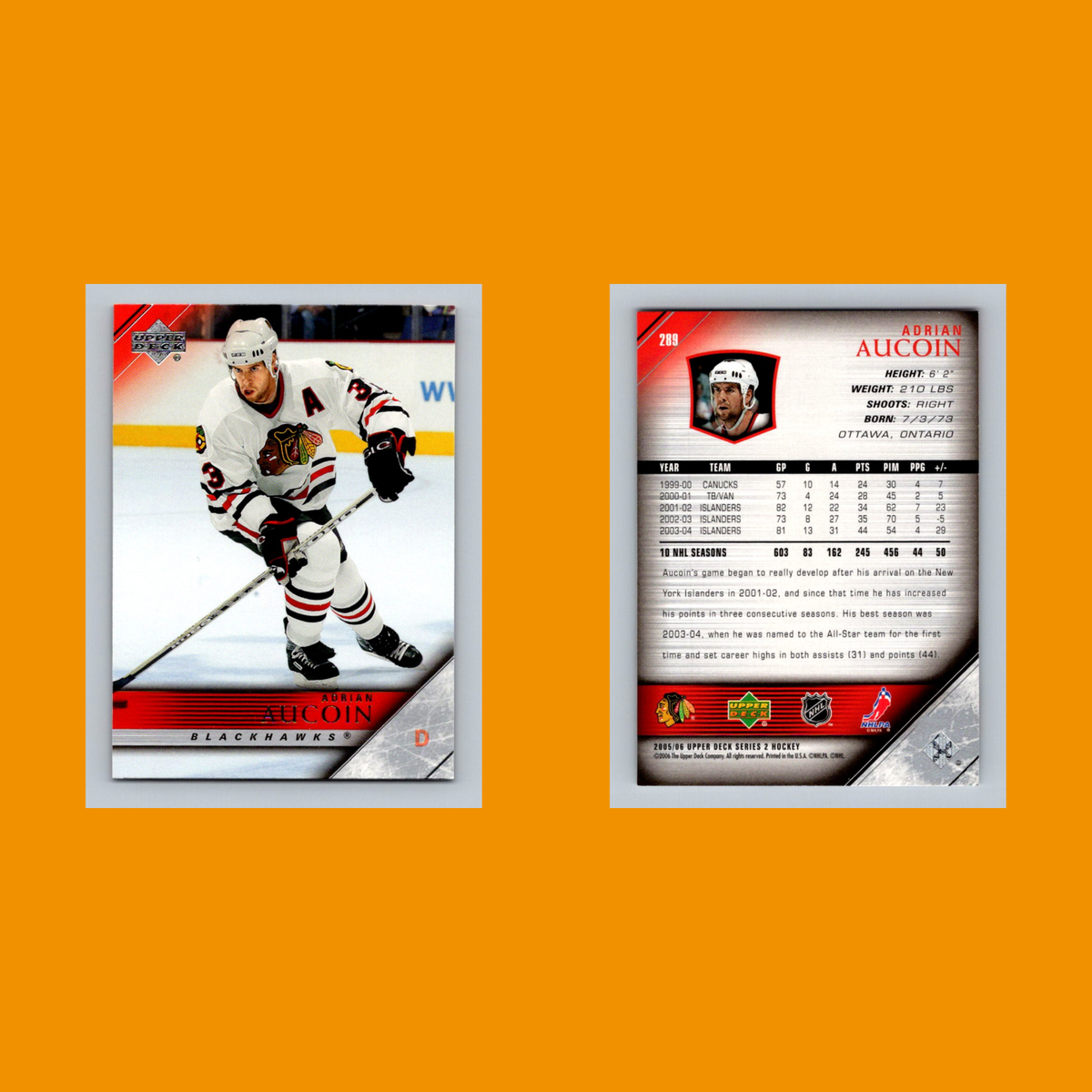 Adrian Aucoin #289 2005 Upper Deck Chicago Blackhawks Hockey Card