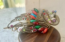 Peacock Hair Clip Hair Accessories Metallic Gold Tone Faceted Plastic Rhinestone