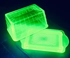 Block Optic Green Depression Vaseline Uranium Glass Covered Butter Dish Vintage