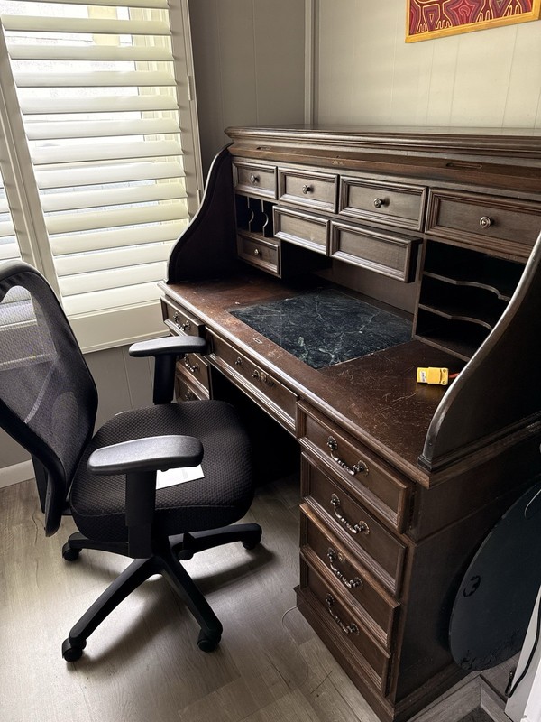 Dark Wood Roll Top Style Freestanding Writing Desk w/ Hutch & Drawers, Brown