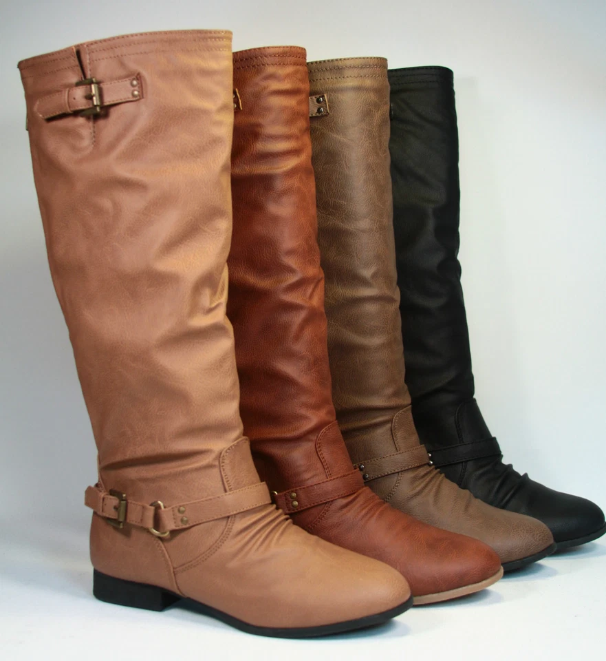 NUEVO Para mujeres Cremallera Militar Tacón Bajo Plano Hebilla Montar Hasta la Rodilla Botas Zapatos Foto 3 de 4