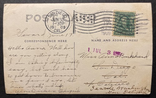 Seward Resurrection Bay Alaska RPPC 1909 San Diego - Imagen 2 de 2
