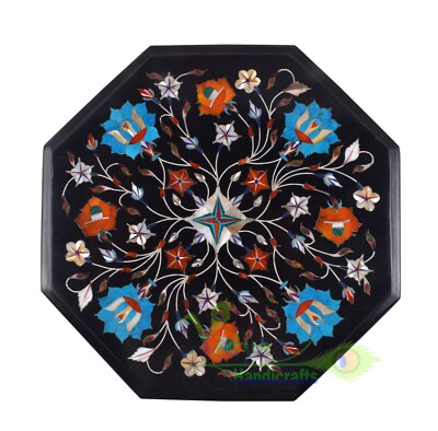 12'' Black Marble Coffee Table Turquoise Stone Inlay Art Floral Mosaic Home Decor