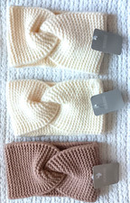 Womens Knit Ear Warmer Headband Lot 3 Tan Off-White Cream Knotted Front Stretch