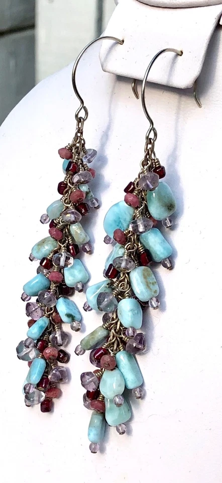 Larimar 紫水晶石榴石红宝石簇 0.925 纯银钩耳环 — 第 2/4 张图片