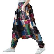 Women Drop Crotch Pant Retro Ethnic Baggy Bottoms Elastic Waist Yoga Trouser