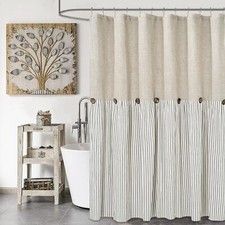 Farmhouse Shower CurtainBeige and Gray StripeButton CurtainLinen and Cotton W...