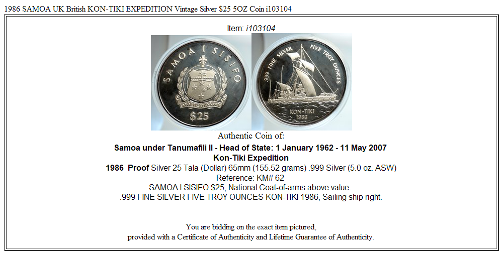 1986 SAMOA UK British KON-TIKI EXPEDITION Vintage Silver $25 5OZ