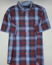 Chaps Short Sleeve Button-up Men's Large Red Blue Plaid Dress Shirt #C184