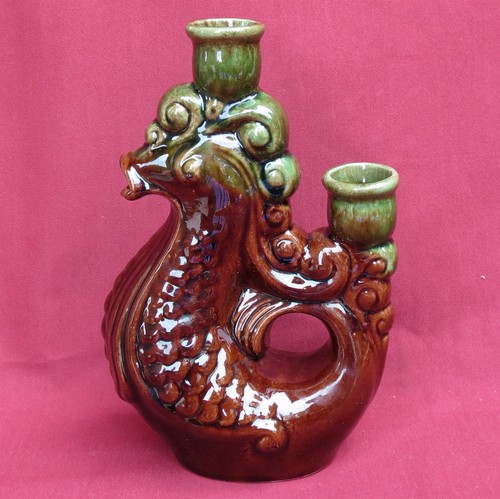Old Ukrainian MAJOLICA Miracle SEAHORSE Candlestick Holder Vintage Folk Ceramic