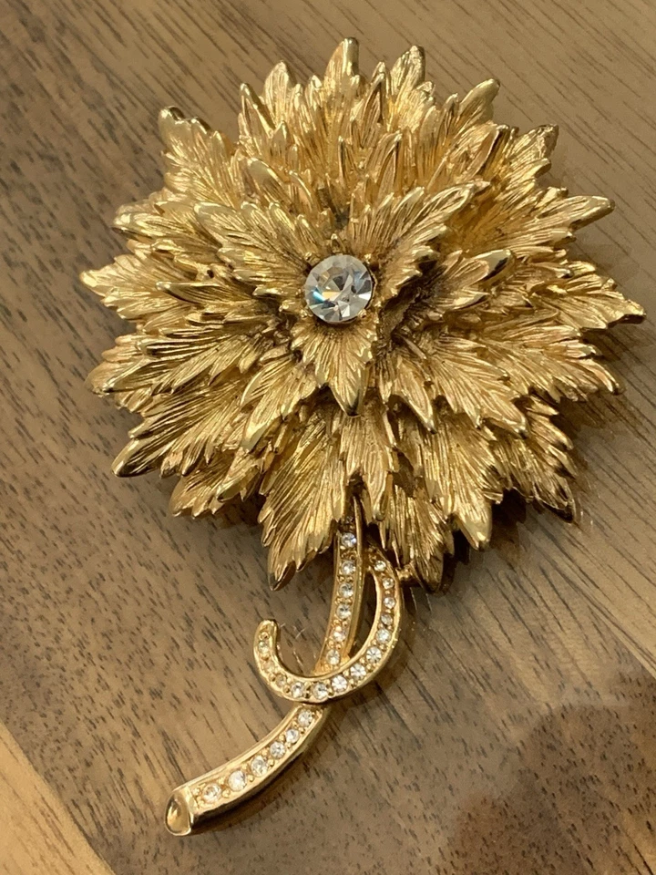 "Broche de perlas Erwin vintage pavé dorado estrás flor grande mediados de siglo 3""" Foto 2 de 4