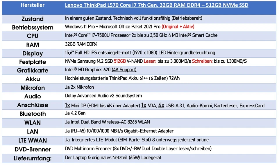 Lenovo ThinkPad L570 | i7-7500 | 32GB RAM | 512GB SSD| LTE | Win11 + Office 21 - Bild 2 von 4