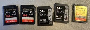 Sandisk & Lexar SD Cards Four 64GB & 1 32GB