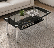 Black & Clear Glass Coffee Table, Chrome Legs, Floating Shelf, Easy Assembly