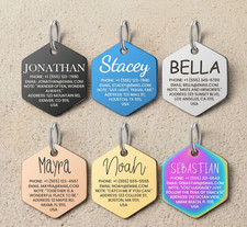 Hexagon Pet ID Tag Placa ID Perro Gato Deep Engraved Stainless Steel USA Made