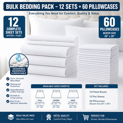 Flat Sheet White Hotel Quality Deep Pocket Fitted Sheet Bed Sheet Bulk Pack 12