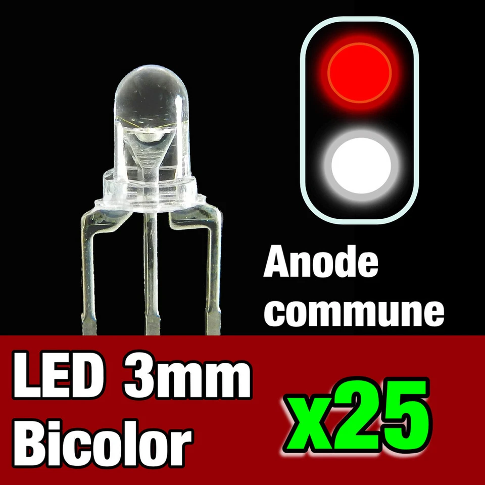 731/25# 25pcs LED bi-color anode commune 3mm blanc - rouge - idéal digital