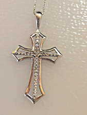 3.29g 10K real diamond Necklace White Gold 18" 1.25" pendant Cross Christian