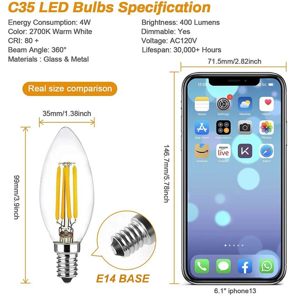 E14 LED Candle Light Bulbs Candelabra Chandelier Bulbs Replacement 40W 60W 2700K - Image 3 of 4