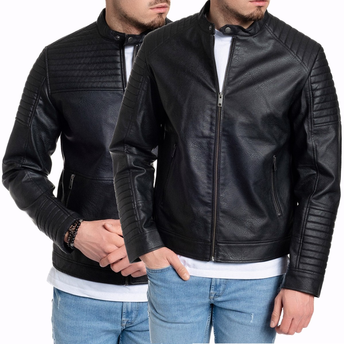 Jack Jones Lederjacke Biker Herren Jacke Kunstleder schwarz