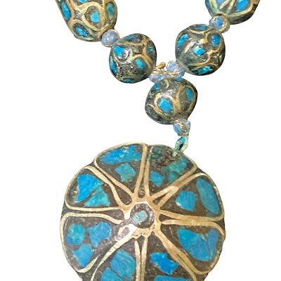 Vintage Blue Mosaic Beaded Necklace With Circular Pendant & Toggle Clasp