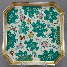 Old Paris Hand Painted Floral Green & Gold Scrollwork Tea Tray