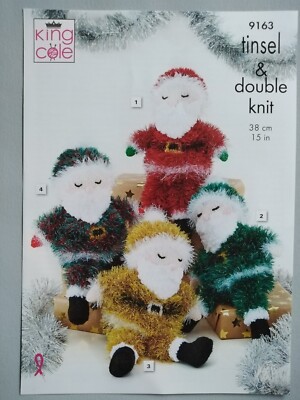 SLEEPING SANTA Toy in Tinsel/8ply, 15'' tall - KING COLE Knitting Pattern 9163