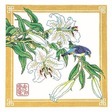 Lilies with Bird 14" x 14" on 13 mesh handpainted Needlepoint Canvas by LEE