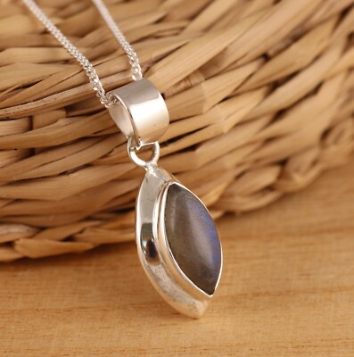 Natural Labradorite Solid 925 Sterling Silver Marquise Pendant Necklace Gift Box