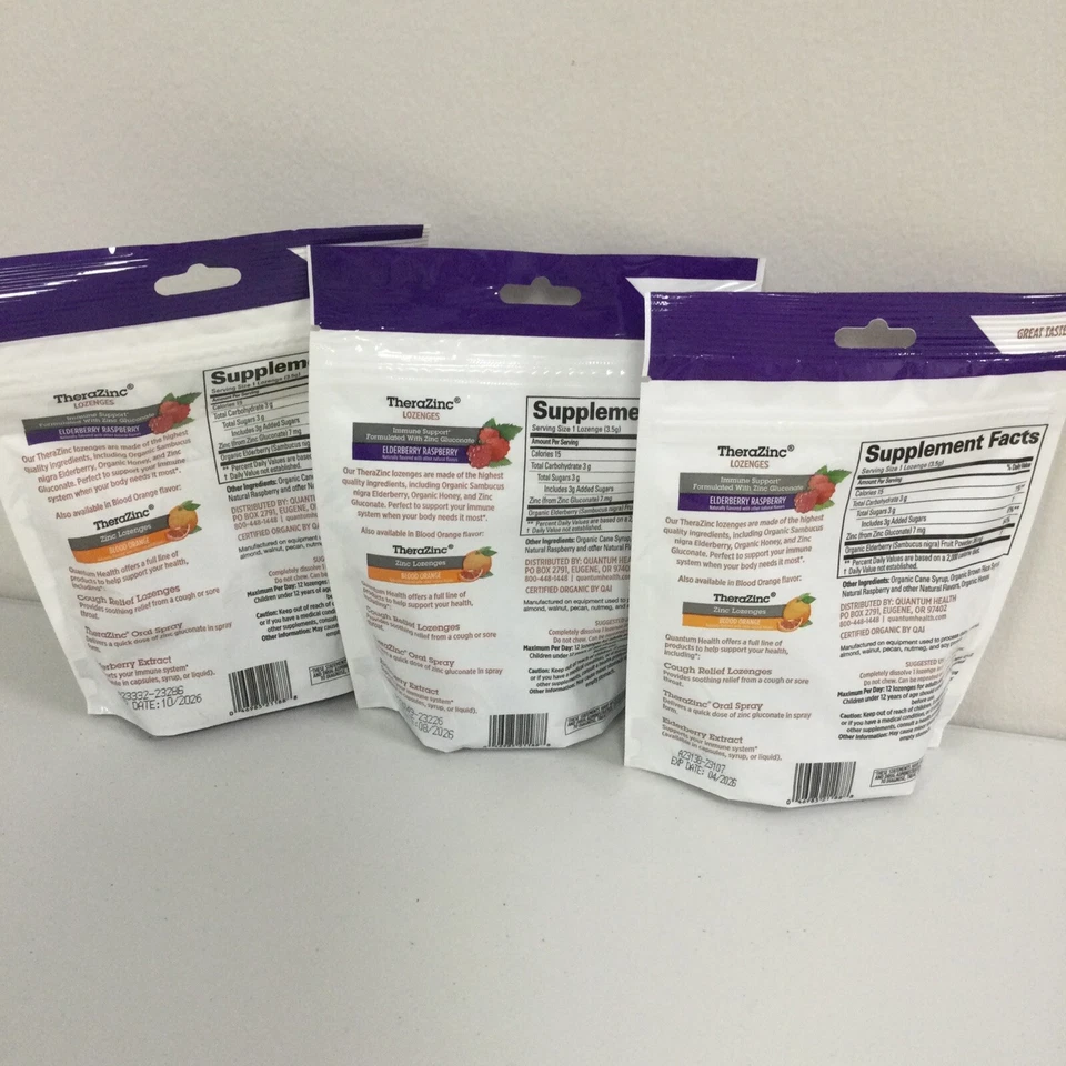 LOTE DE 3 pastillas Quantum Thera zinc saúco, bolsa de 18 unidades con sabor a frambuesa Foto 2 de 3