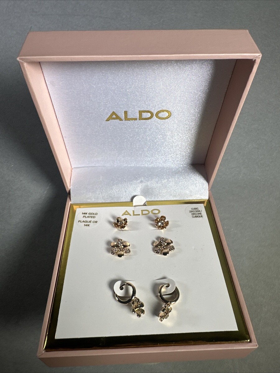 NWT Aldo 14k Gold Plated Flower Post Earrings Hoop Cubic Zirconia Set of  New