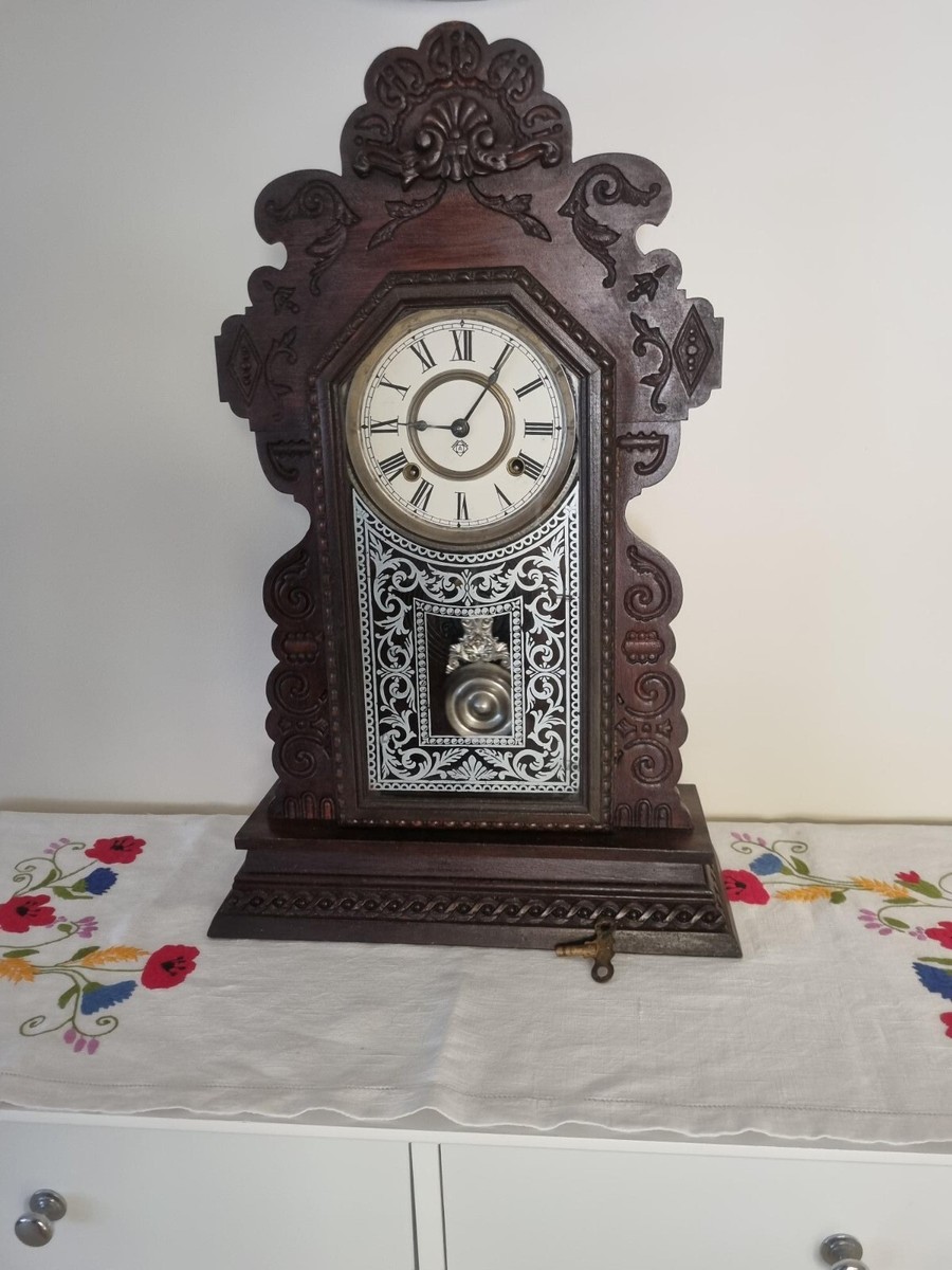ANTIQUE ANSONIA KIRKWOOD 8 DAY AMERICAN STRIKE SHELF CLOCK in good
