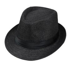 Straw Fedora Hat Wide Brim Summer Beach Sun Cap Panama Hat for Men Large Black